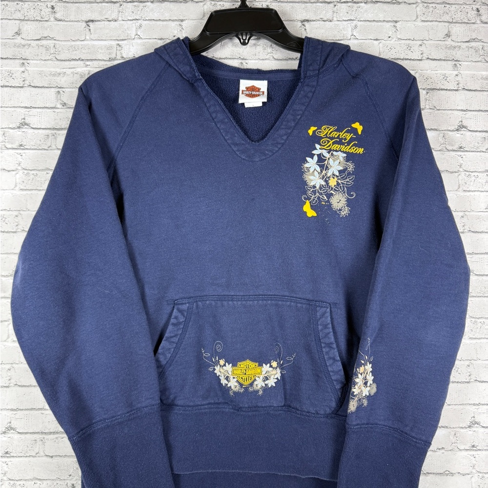 Harley-Davidson Y2K Biker Navy V-Neck Sweater Butterflies, Womens Size Large